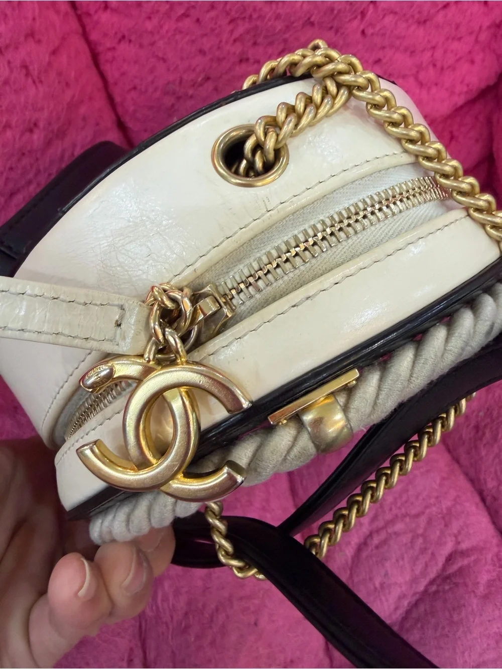 CHANEL Black Round Leather Crossbody with Cream Rope and Gold Hardware